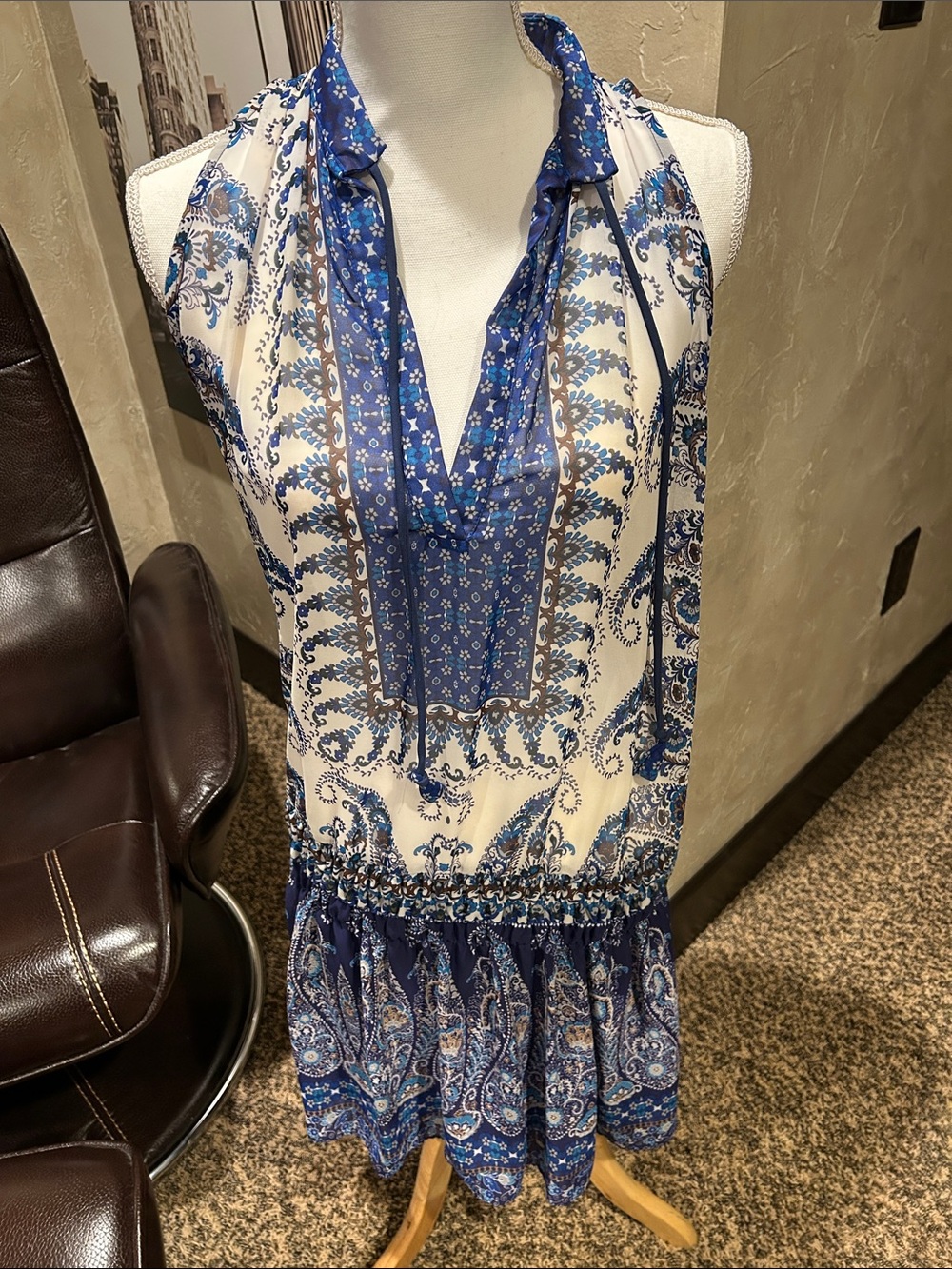 ATINA Blue & White Paisley Tie-Neck Sundress